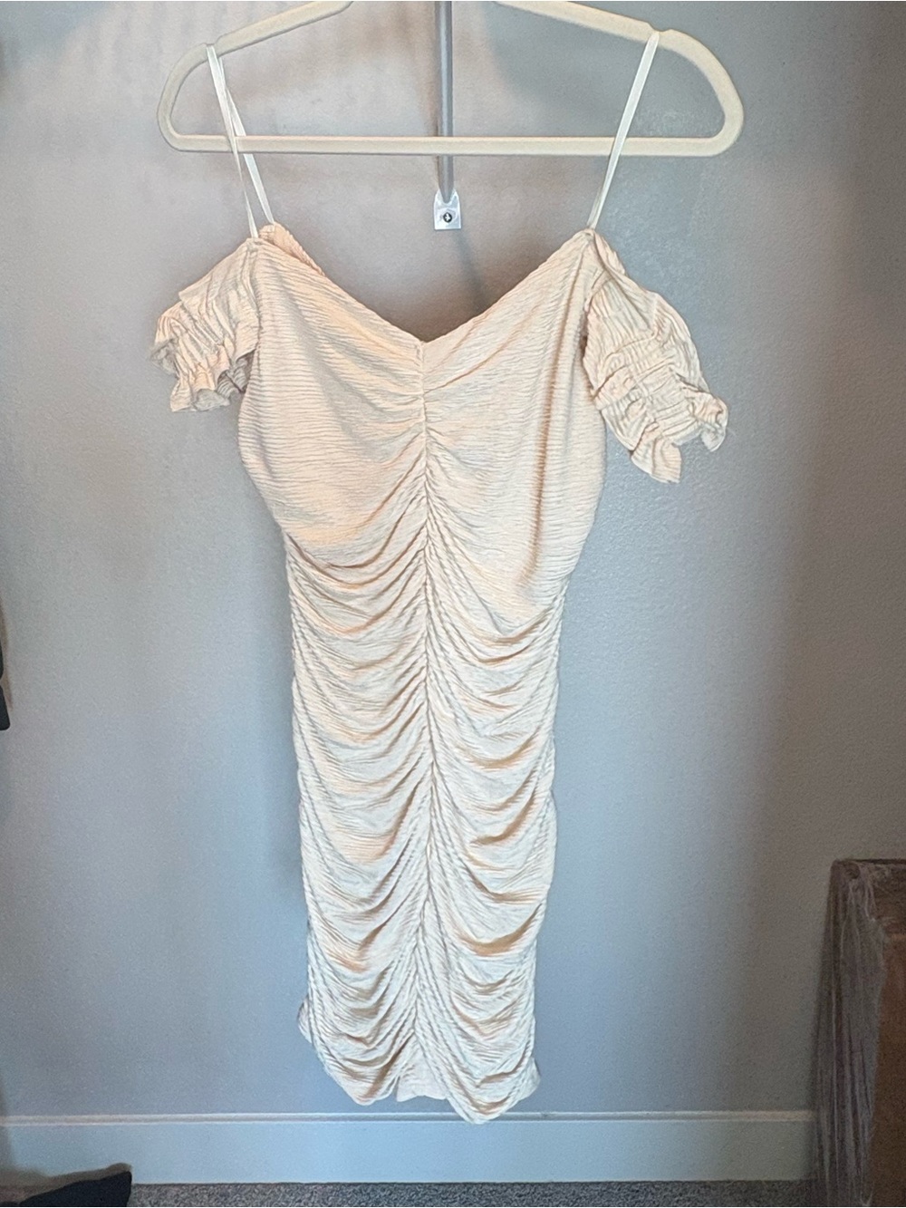 Ruched Cream Off-Shoulder Midi Dress with Ruffle Sleeves